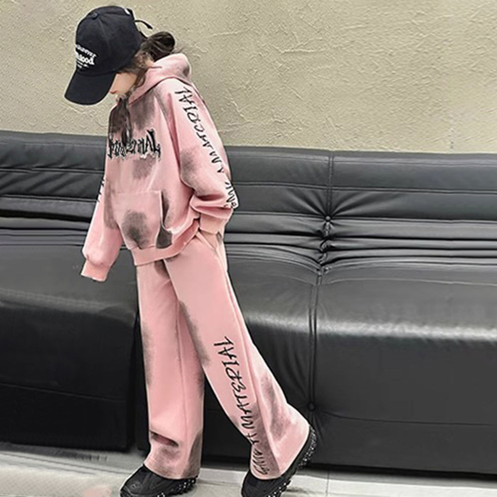 Girls Pink Abstract Printed Hooded Sweatshirt With Pants Winter Co-ord Set 2 pc. Sets