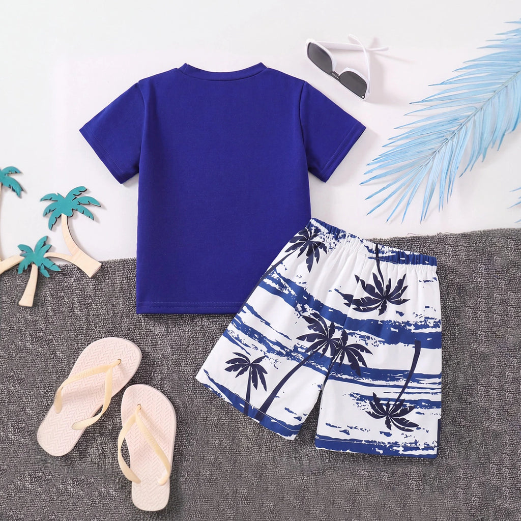 Boys Royal Blue Short Sleeve T-Shirt With Tropical Print Shorts Sets 2 pc. Sets