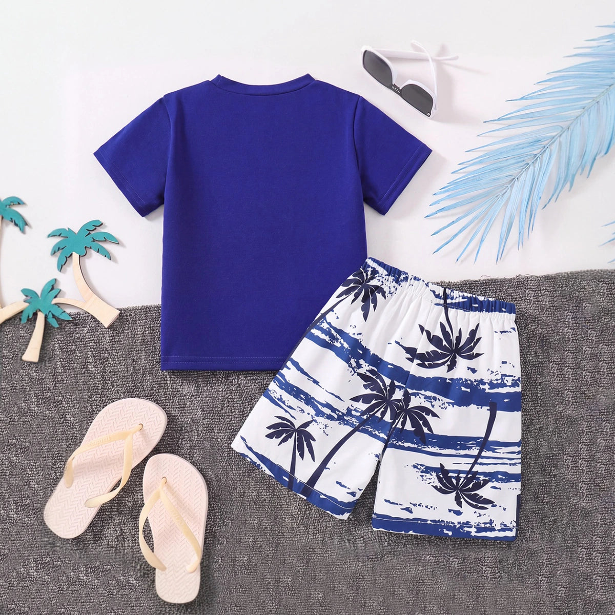 Boys Royal Blue Short Sleeve T-Shirt With Tropical Print Shorts Sets 2 pc. Sets