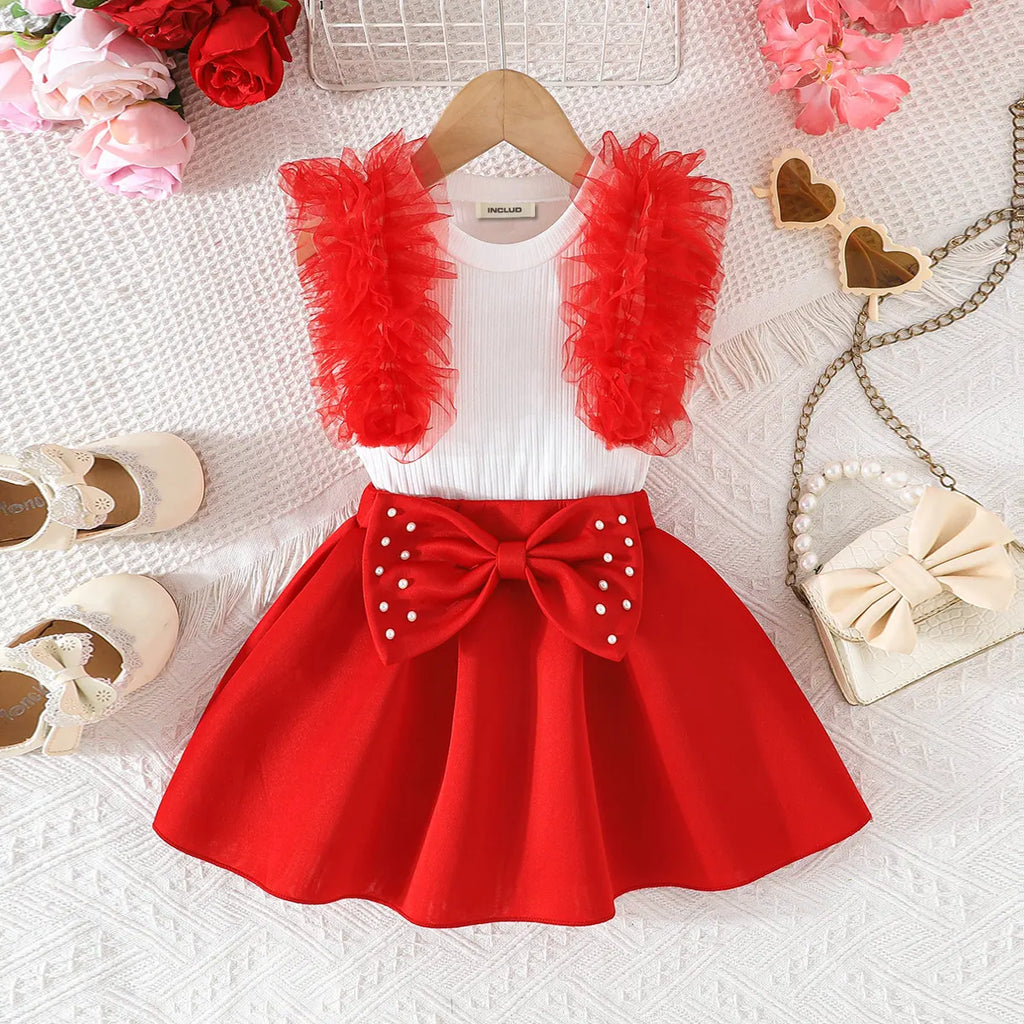Girls Red Ruffle Top With Skirt Sets Sets
