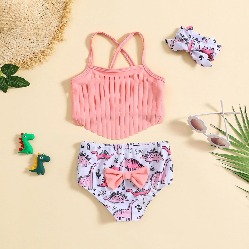 Girls Pink Halter Top With Dinosaur Print Briefs & Headband Swimwear Sets Sets Pink 1-2 Y