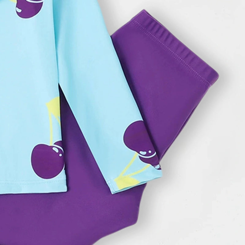 Girls Sky Blue Cherry Printed Top With Legging Swimwear Sets Sets