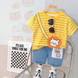 Boys Yellow Striped Lion Applique T-Shirt With Denim Shorts