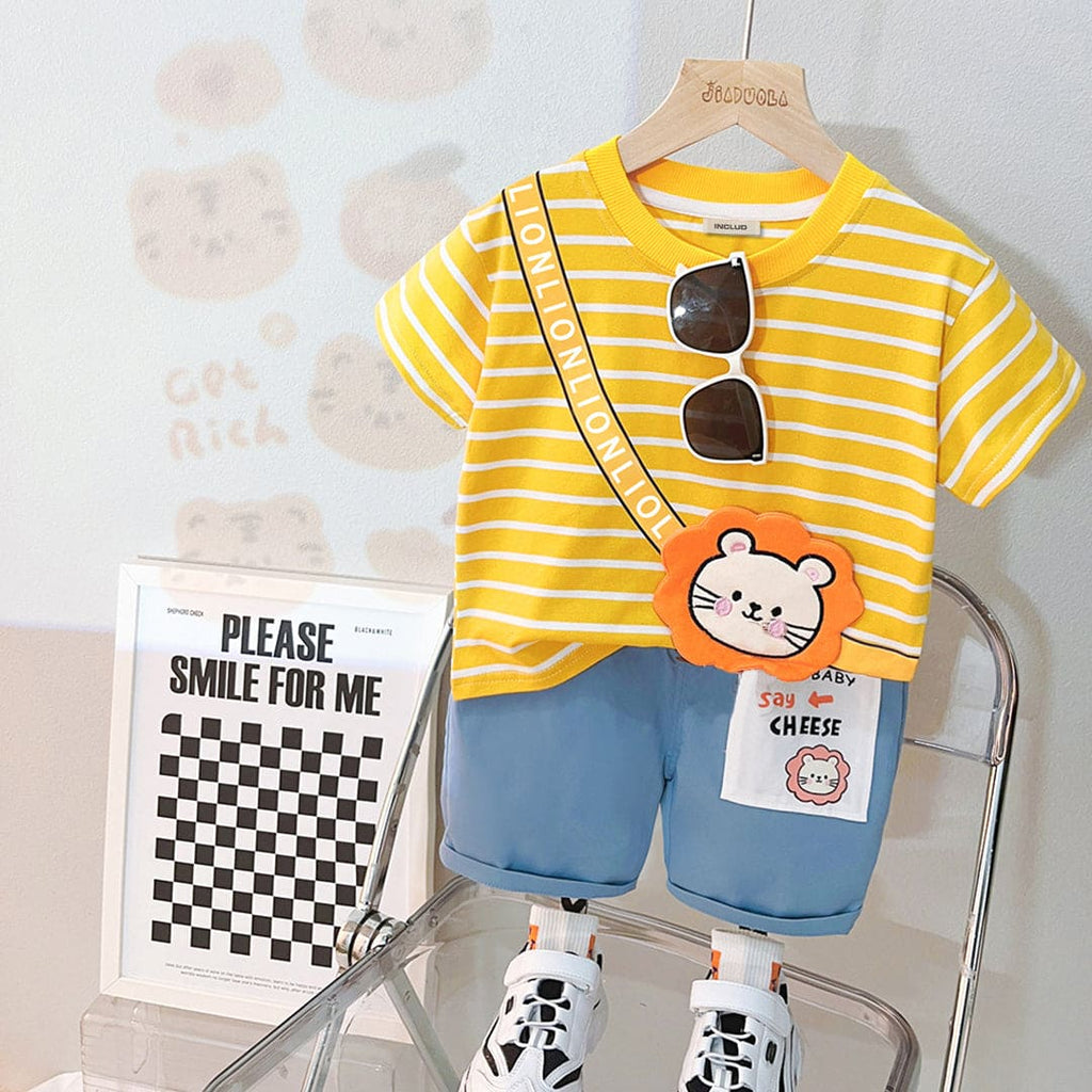 Boys Yellow Striped Lion Applique T-Shirt With Denim Shorts Sets Yellow 1-2 Y 