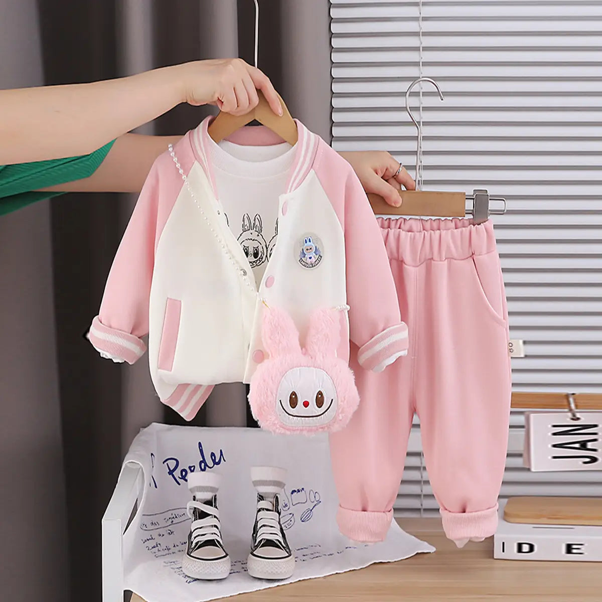 Girls Pink Graphics Printed Varsity Jacket With T-Shirt & Jogger & Sling Bag Sets Sets Pink 1-2 Y