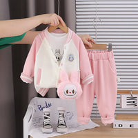 Girls Pink Graphics Printed Varsity Jacket With T-Shirt & Jogger & Sling Bag Sets Sets Pink 1-2 Y