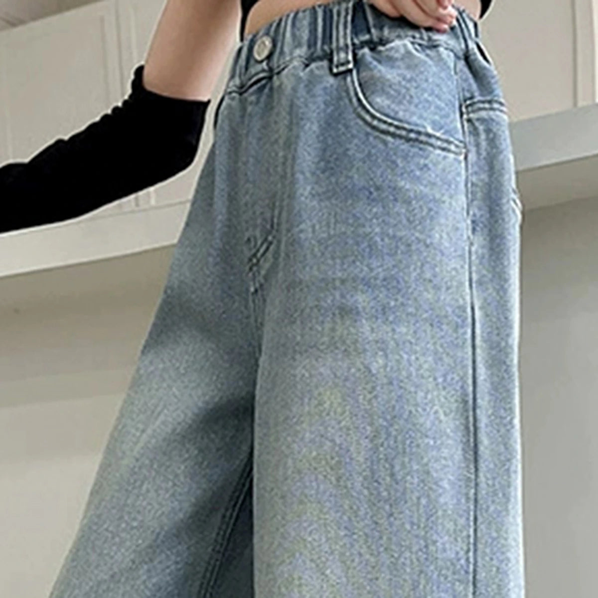 Girls Light Blue Relaxed Fit Wide-Leg Denim Jeans Pants