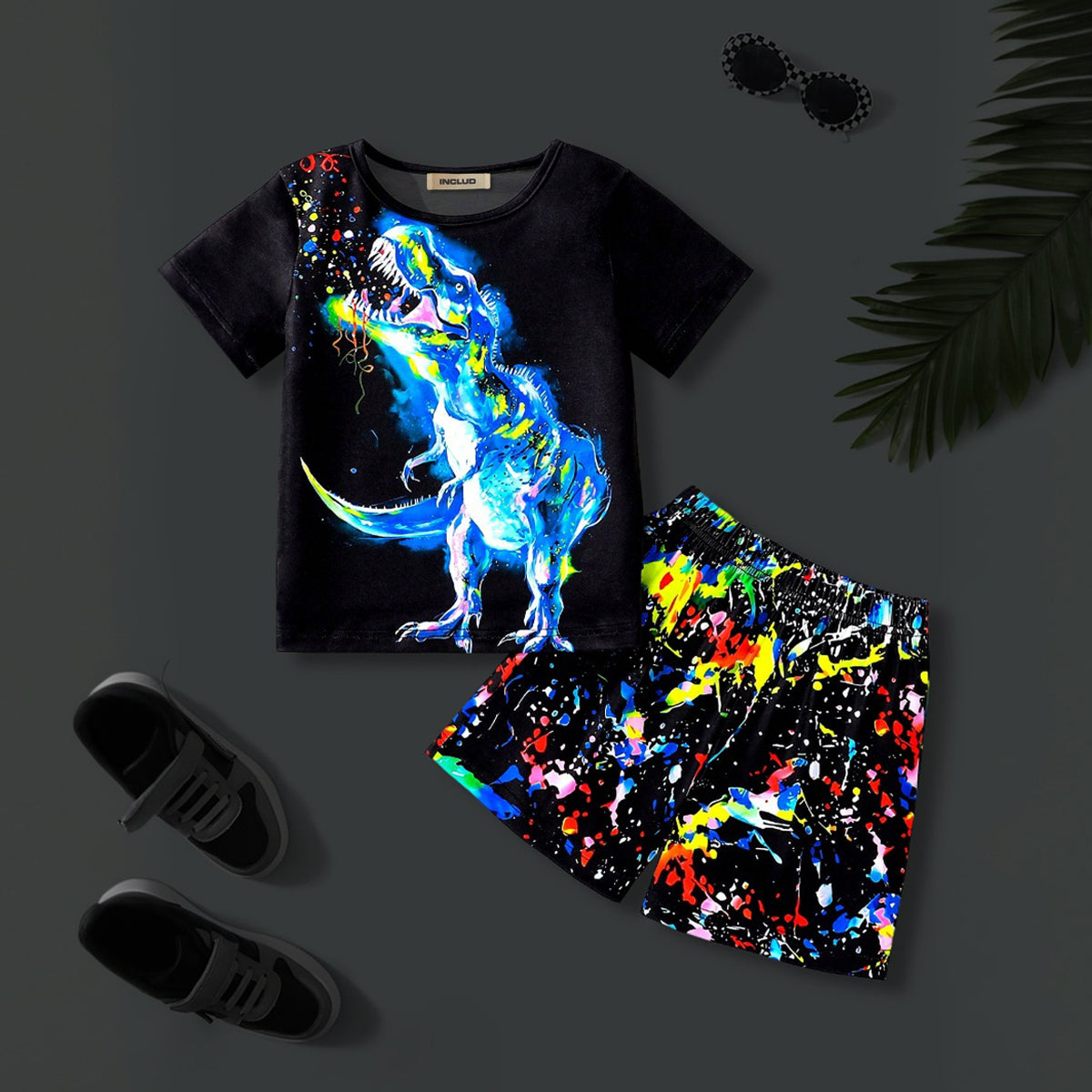 Boys Black Dinosaur Printed Glow in the Dark T-Shirt & Shorts Set 2 pc. Sets Black 3-4 Y