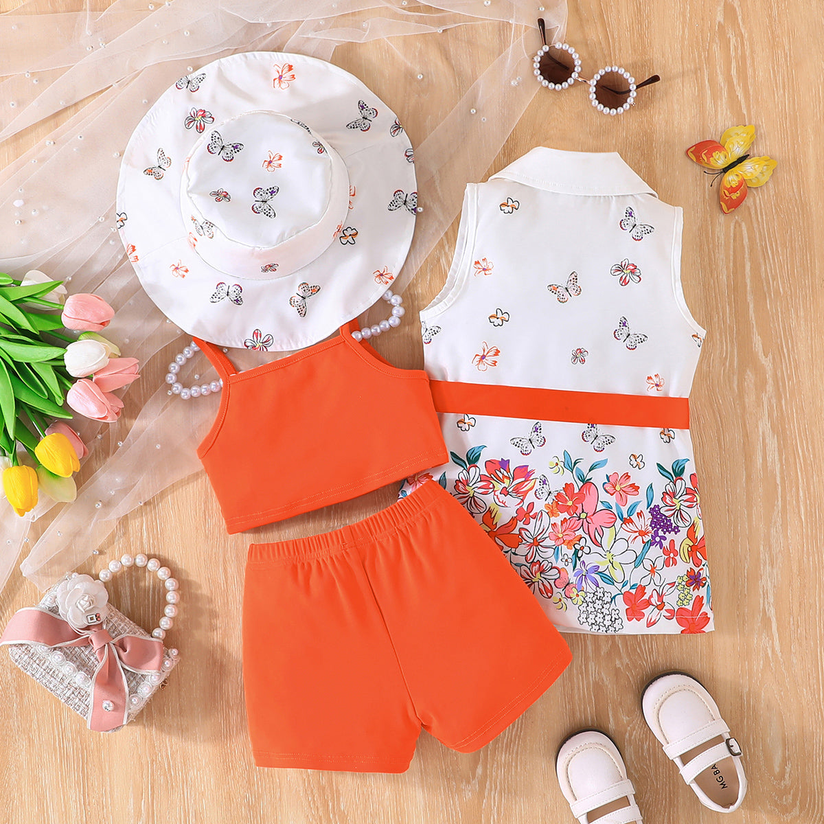 Girls Orange Butterfly Printed Waistcoat Top & Hat With Crop Top & Shorts Summer Set Sets