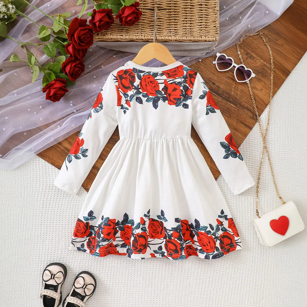 Girls White Floral Printed Long Sleeves Fit & Flare Dress Casual Dresses