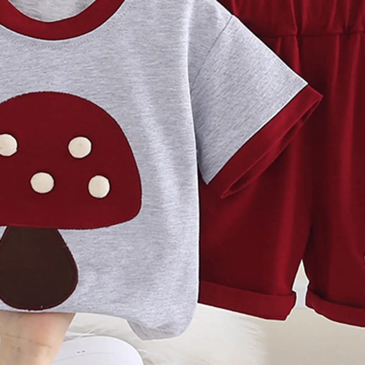 Boys Maroon Mushroom Applique Short Sleeve T-Shirt with Elasticated Shorts Sets 2 pc. Sets
