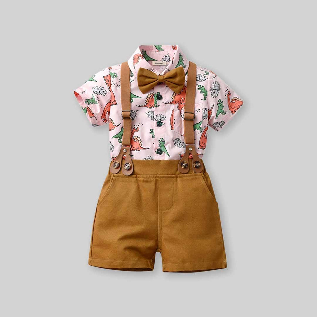 Boys Dinosaur Printed Shirt With Suspender Shorts Set