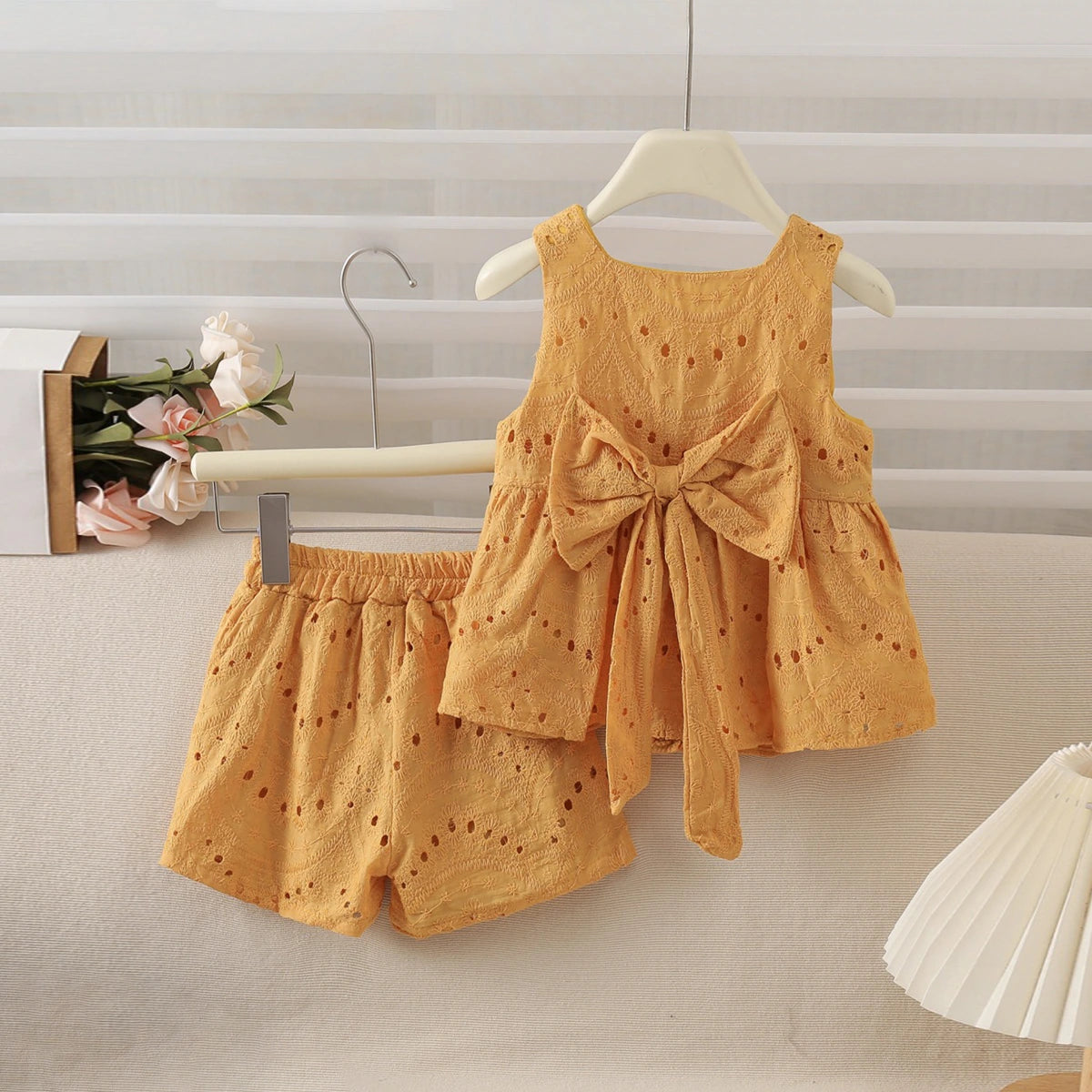 Girls Mustard Yellow Schiffli Peplum Top With Shorts Sets 2 pc. Sets