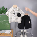 Boys Contrast Pocket Striped Shirt With Black Cargo Shorts Set
