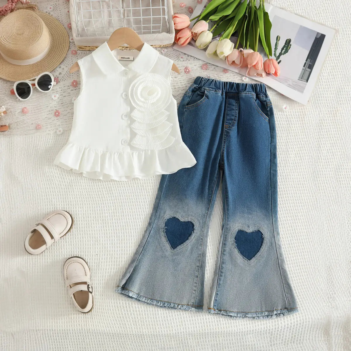 Girls White 3D Flower Applique Sleeveless Top With Flared Denim Pants Set Sets White 2-3 Y