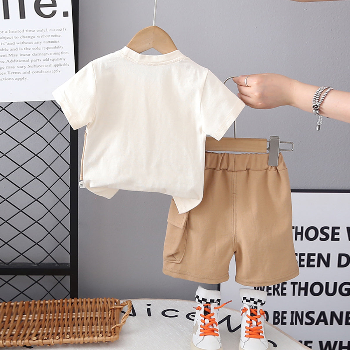 Boys Khaki Short Sleeves Attached Waistcoat T-Shirt With Shorts Set 2 pc. Sets