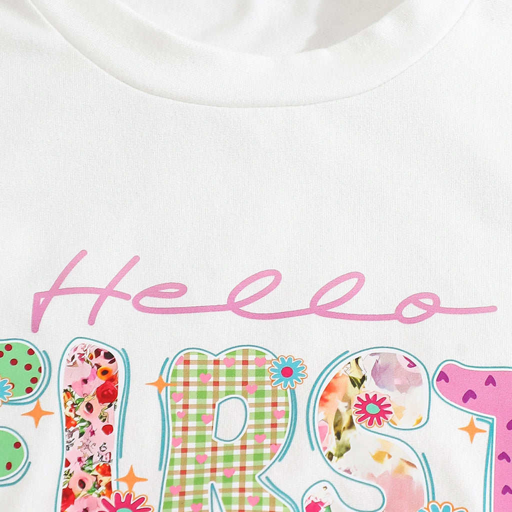 Girls White Typographic Print Short Sleeves T-Shirt With Shorts Set Sets