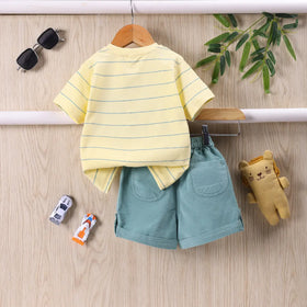 Boys Yellow Stripes Patch Embroidered T-Shirt With Shorts Sets Sets