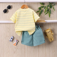 Boys Yellow Stripes Patch Embroidered T-Shirt With Shorts Sets Sets