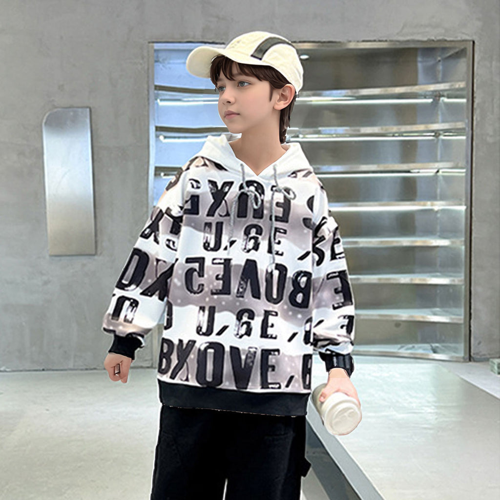 Boys Brown Alphabet Printed Hooded Neck Sweatshirt Sweatshirts & Hoodies