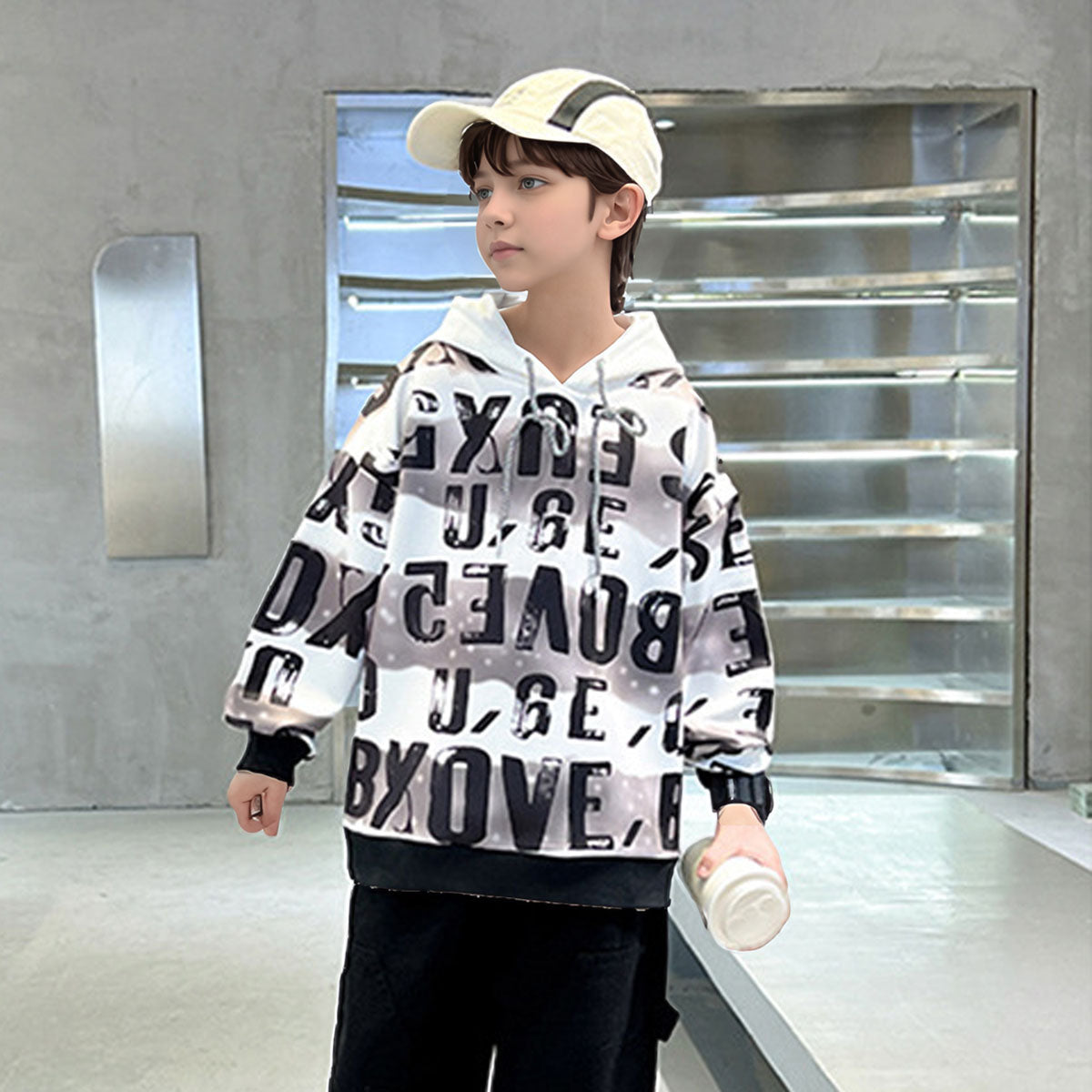 Boys Brown Alphabet Printed Hooded Neck Sweatshirt Sweatshirts & Hoodies