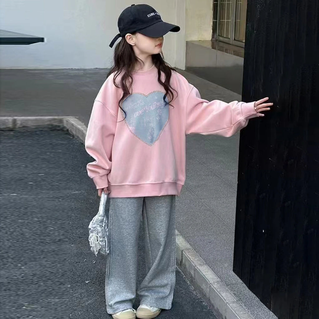 Girls Pink Heart Patch Embroidered Oversized Sweatshirt With Pants Sets Sets