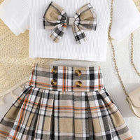 Girls White Bow Applique Top With Checked Pleated Skirt Sets Sets