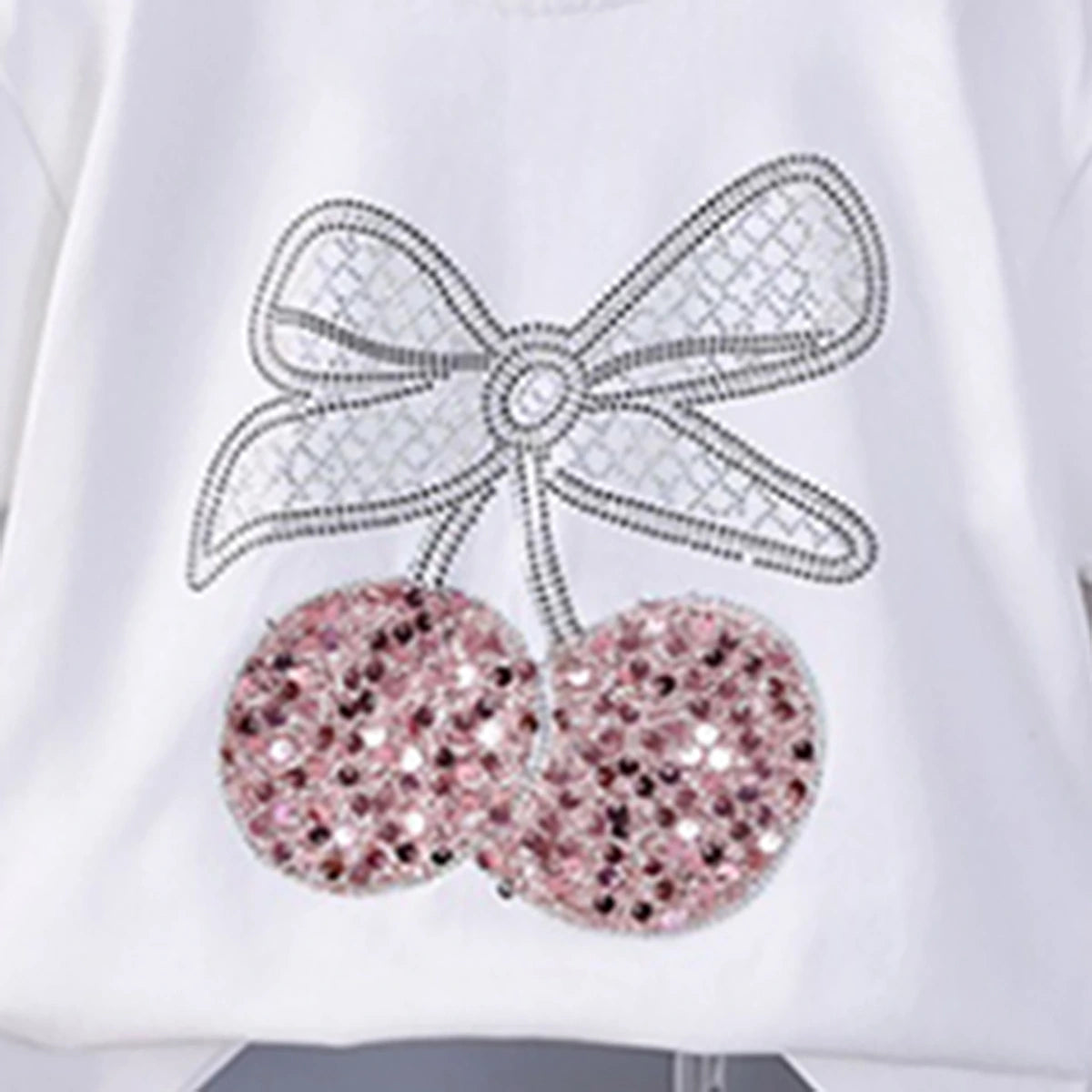 Girls White Cherry Embellished T-Shirt With Pleated Denim Shorts Set Sets