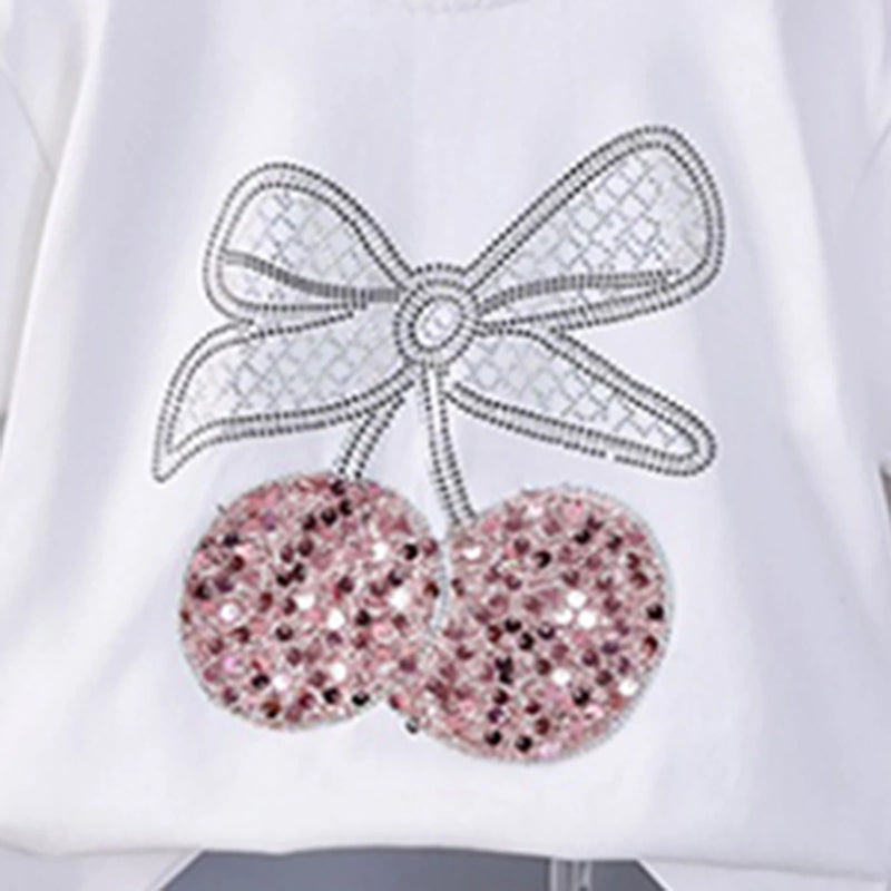 Girls White Cherry Embellished T-Shirt With Pleated Denim Shorts Set Sets