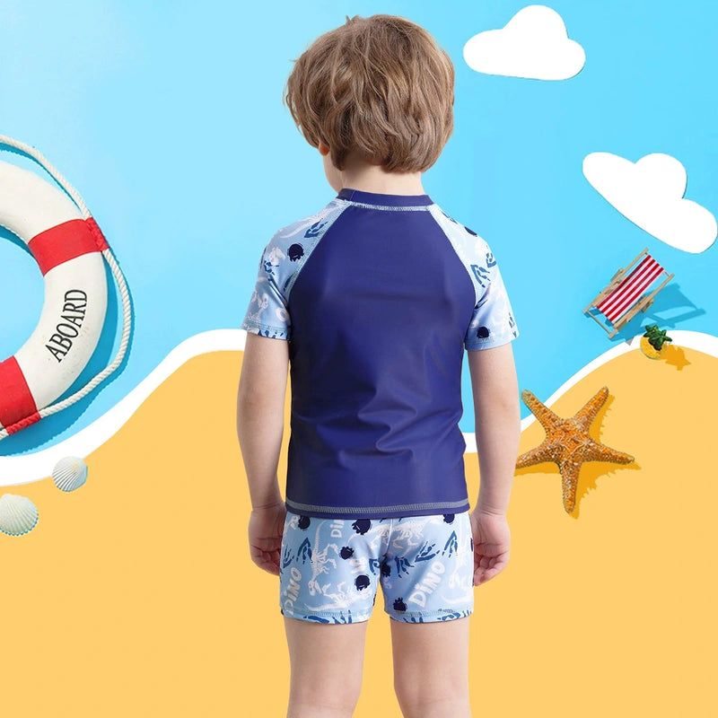 Boys Sky Blue Dinosaur Print T-Shirt With Shorts Swimwear Sets Sets