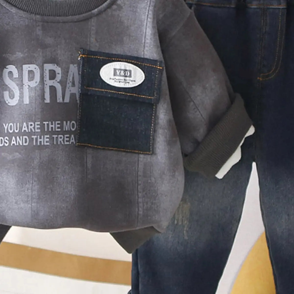 Boys Grey Typographic Regular Sweatshirt With Denim Trouser Sets 2 pc. Sets