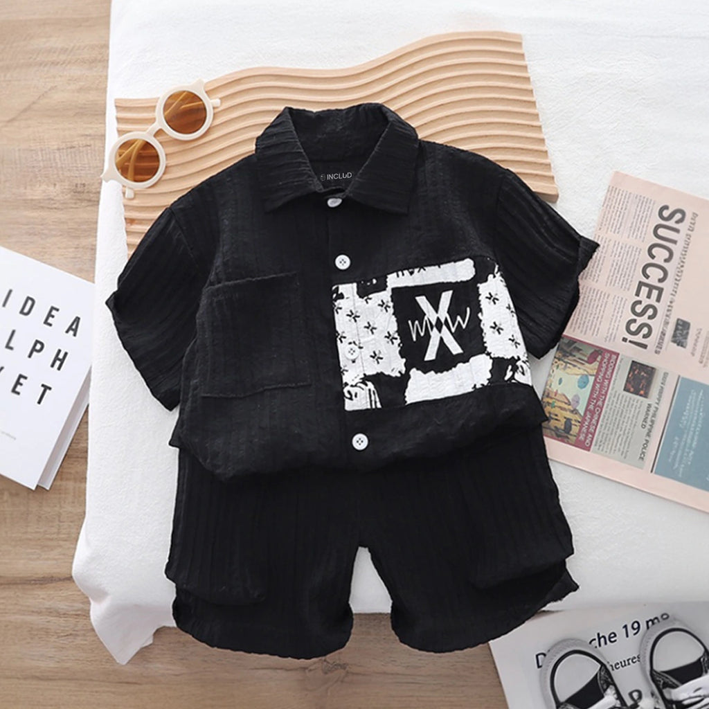 Boys Black Typographic Printed Short Sleeve Shirt With Elasticated Shorts Sets 2 pc. Sets Black 1-2 Y