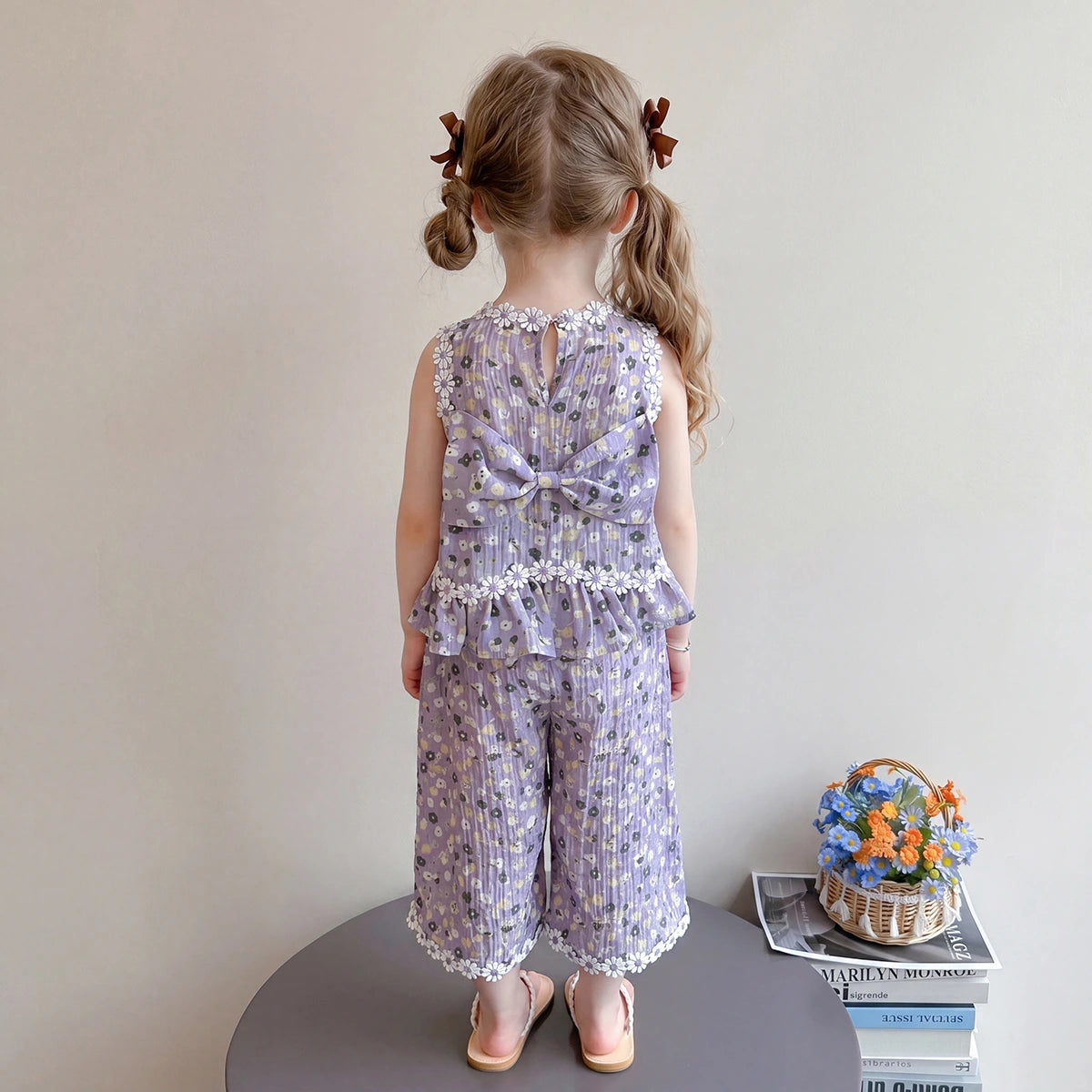 Girls Purple Floral Print Sleeveless Top With Crop Pants Sets 2 pc. Sets