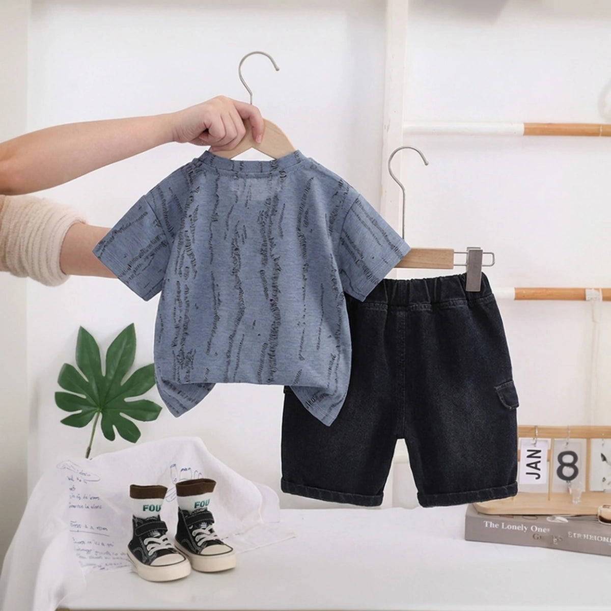 Boys Blue Bear Graphic Short Sleeve T-Shirt With Denim Shorts Sets 2 pc. Sets