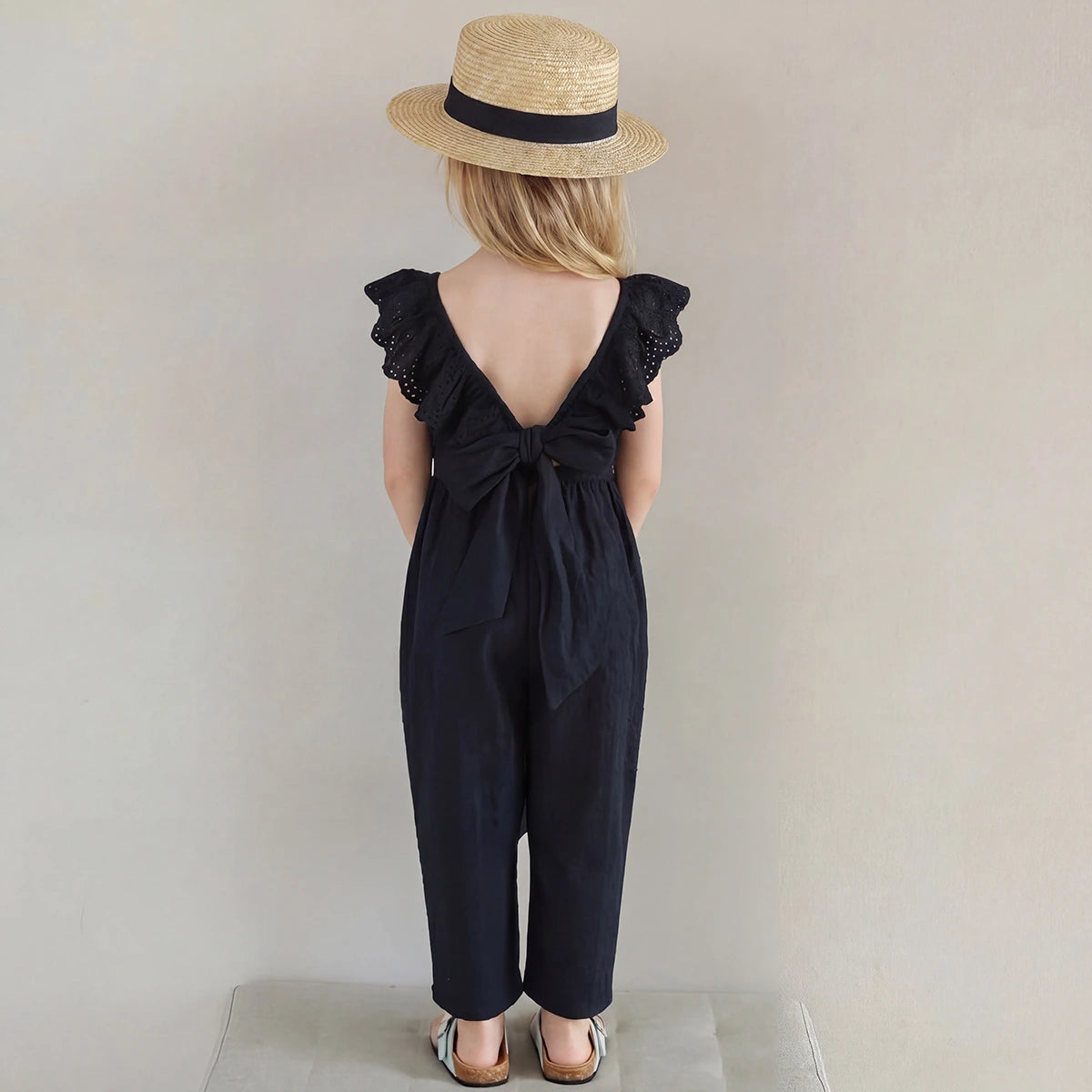 Girls Black Schiffli Detail Flutter Sleeve Jumpsuit Jumpsuits