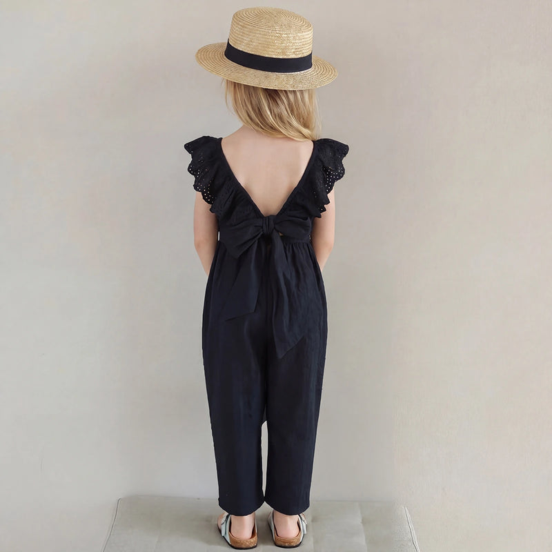 Girls Black Schiffli Detail Flutter Sleeve Jumpsuit Jumpsuits