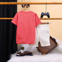 Boys Red Typographic Printed Short Sleeve T-shirts With Elasticated Shorts Sets Sets