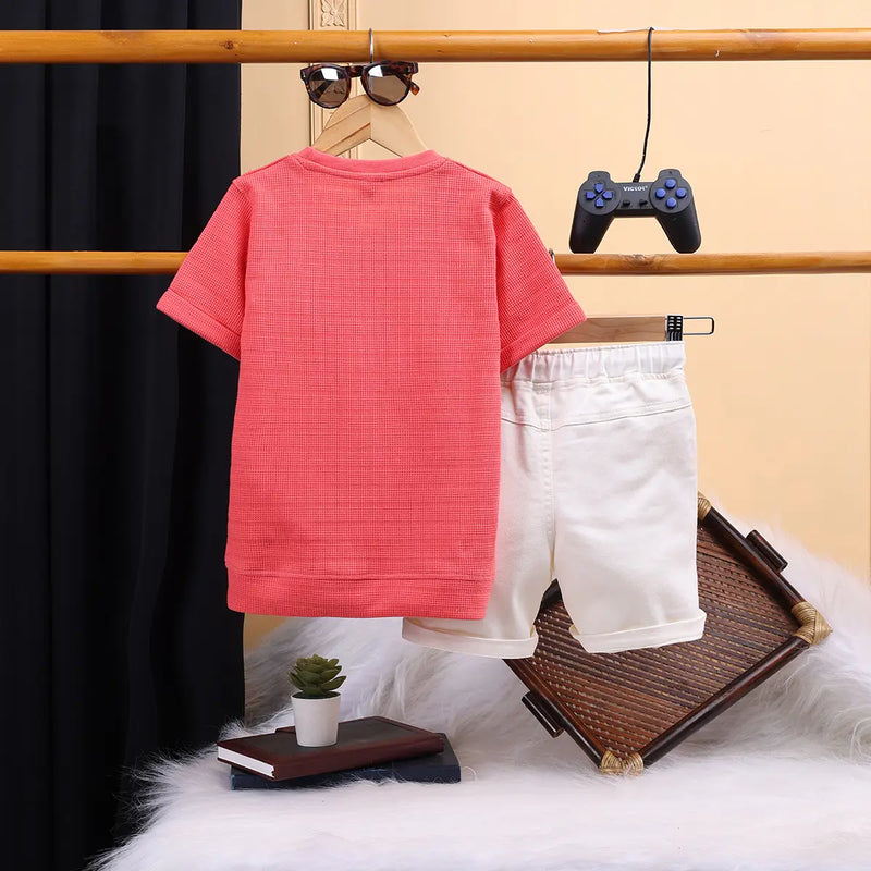 Boys Red Typographic Printed Short Sleeve T-shirts With Elasticated Shorts Sets Sets