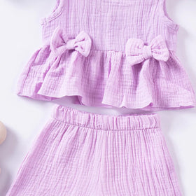 Girls Purple Textured Bow Applique Peplum Top With Shorts Co-ord Sets Sets