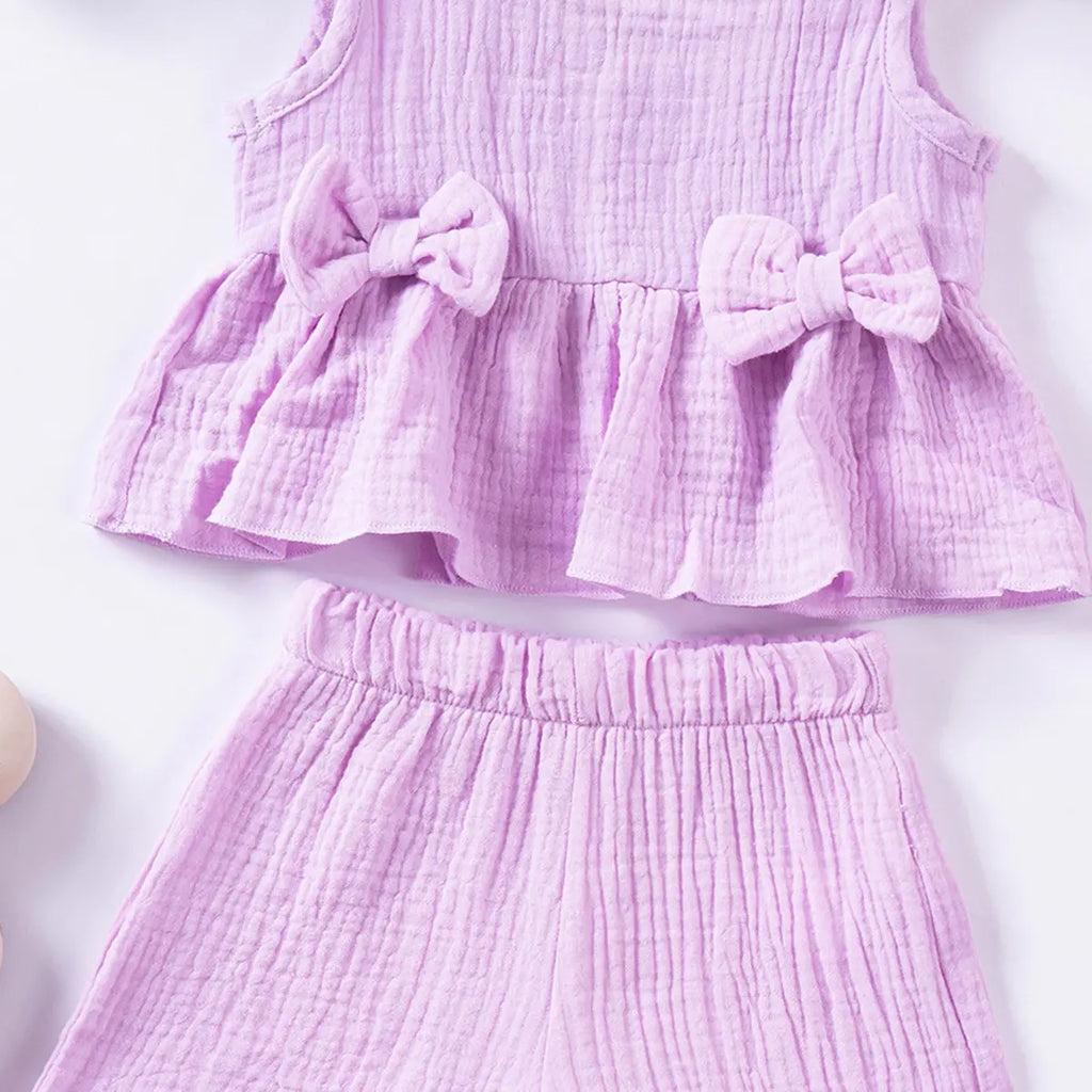Girls Purple Textured Bow Applique Peplum Top With Shorts Co-ord Sets Sets