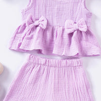 Girls Purple Textured Bow Applique Peplum Top With Shorts Co-ord Sets Sets