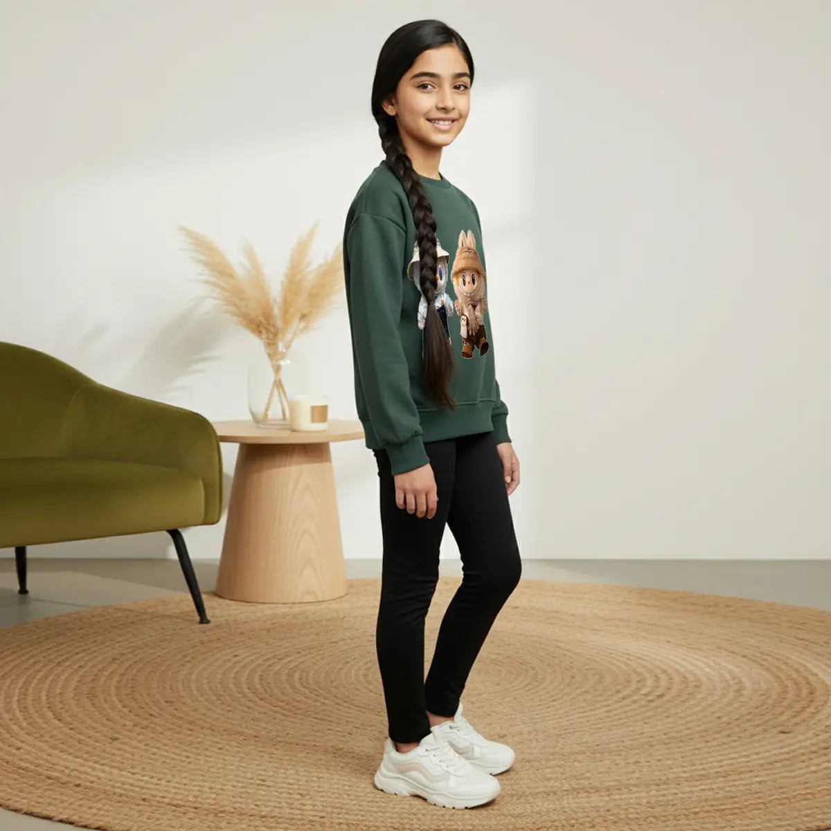 Girls Green Labubu Graphics Round Neck Sweatshirt Sweatshirts & Hoodies