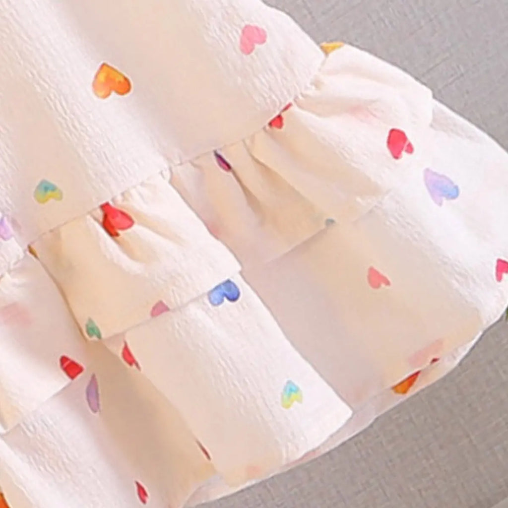 Girls Apricot Heart Printed Sleeveless A-line Dress Casual Dresses