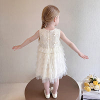 Girls Cream Bow Applique Sleeveless Tiered Dress Casual Dresses