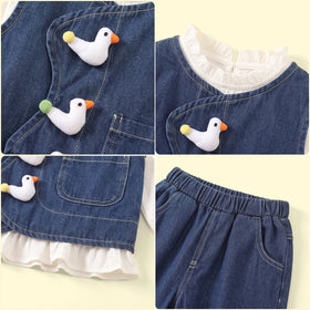 Girls Blue Applique Denim Vest With Top And Pants Sets 3 pc. Sets