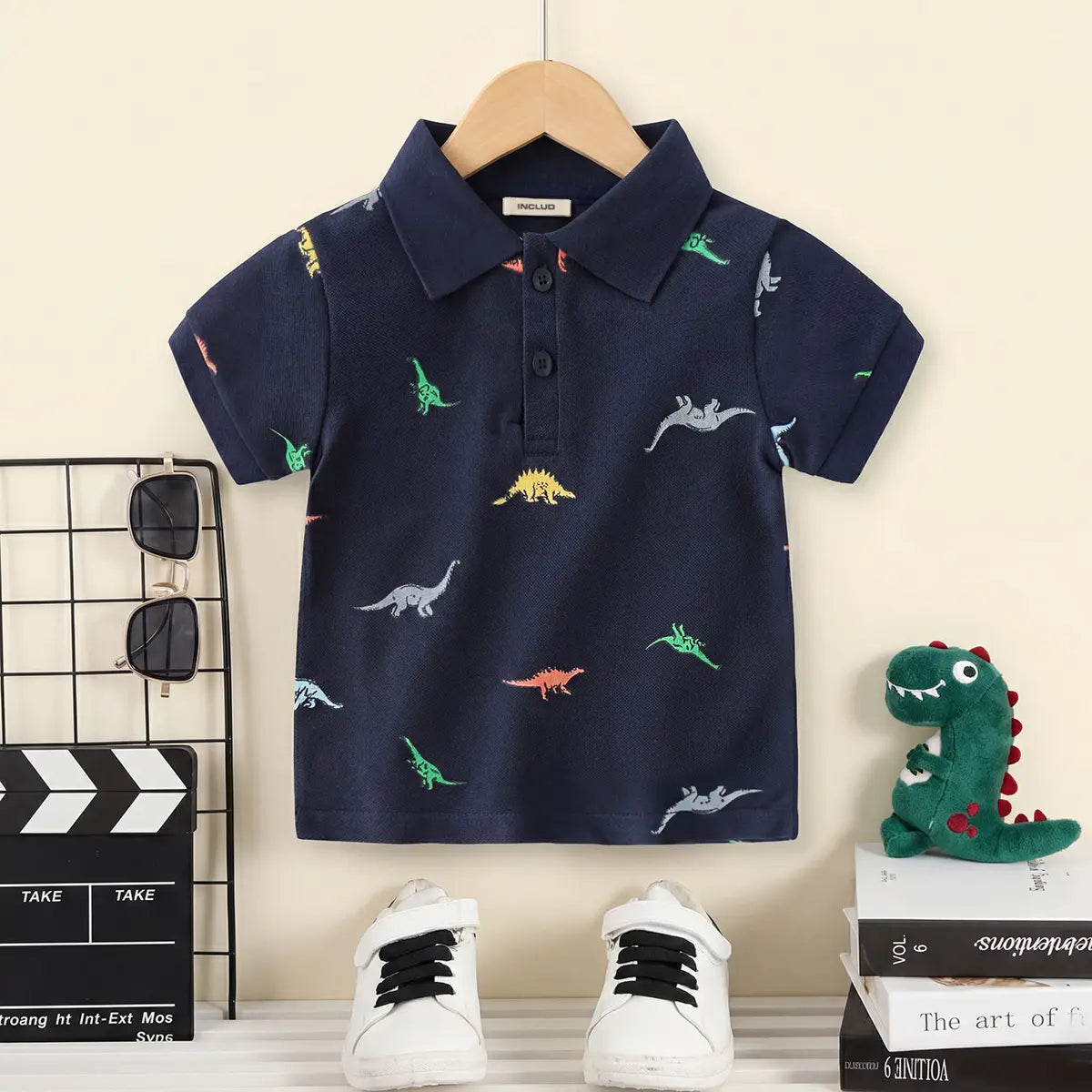 Boys Navy Blue Allover Dinosaur Printed Short Sleeves Polo T-Shirt Tshirts Navy Blue 1-2 Y