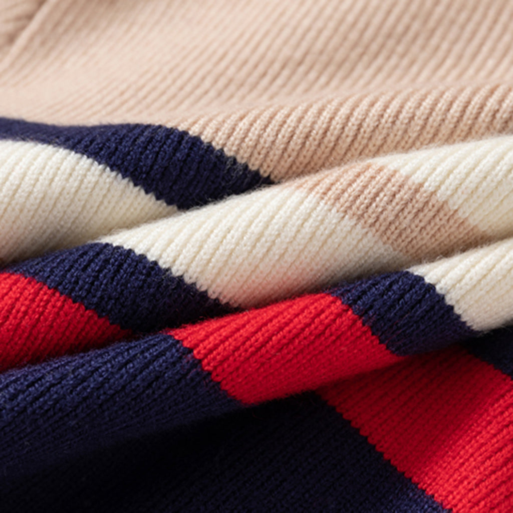Boys Multicolor Half Zipper Polo Sweater With Self-Design Stripe Patterns Sweaters & Cardigans