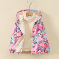 Girls Pink Unicorn Printed Front Zipper Hooded Winter Jacket Coats & Jackets