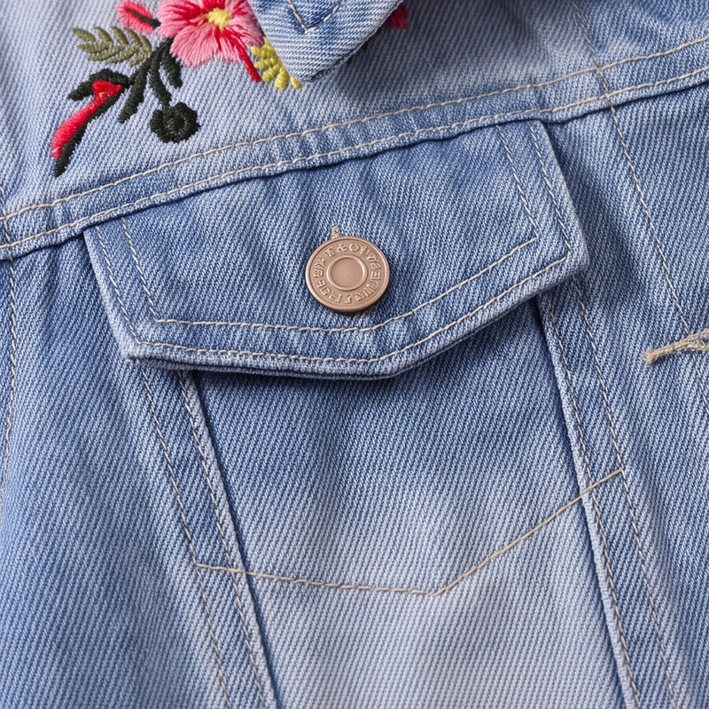 Girls Blue Floral Embroidered Long Sleeve Denim Jacket Coats & Jackets