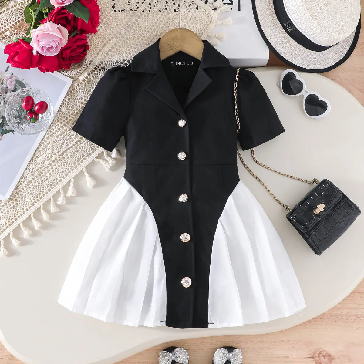 Girls Black Puff Sleeves Pleated Fit And Flare Dress Casual Dresses Black 2-3 Y